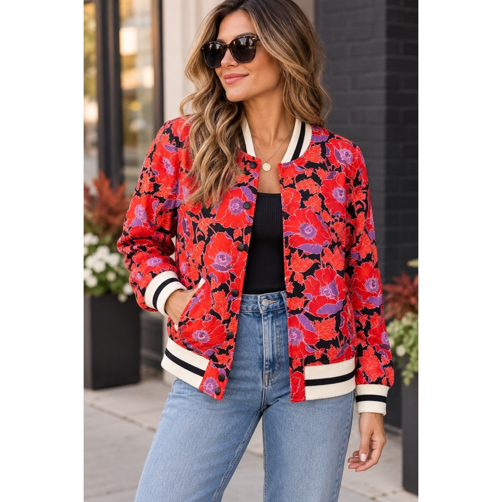 Varsity Retro Poppy Floral Bomber Jacket Red Maximalist Artsy Chic Boho Sz L